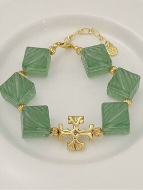 Tory Burch Green Carved Bead Bracelet with Gold Cross
